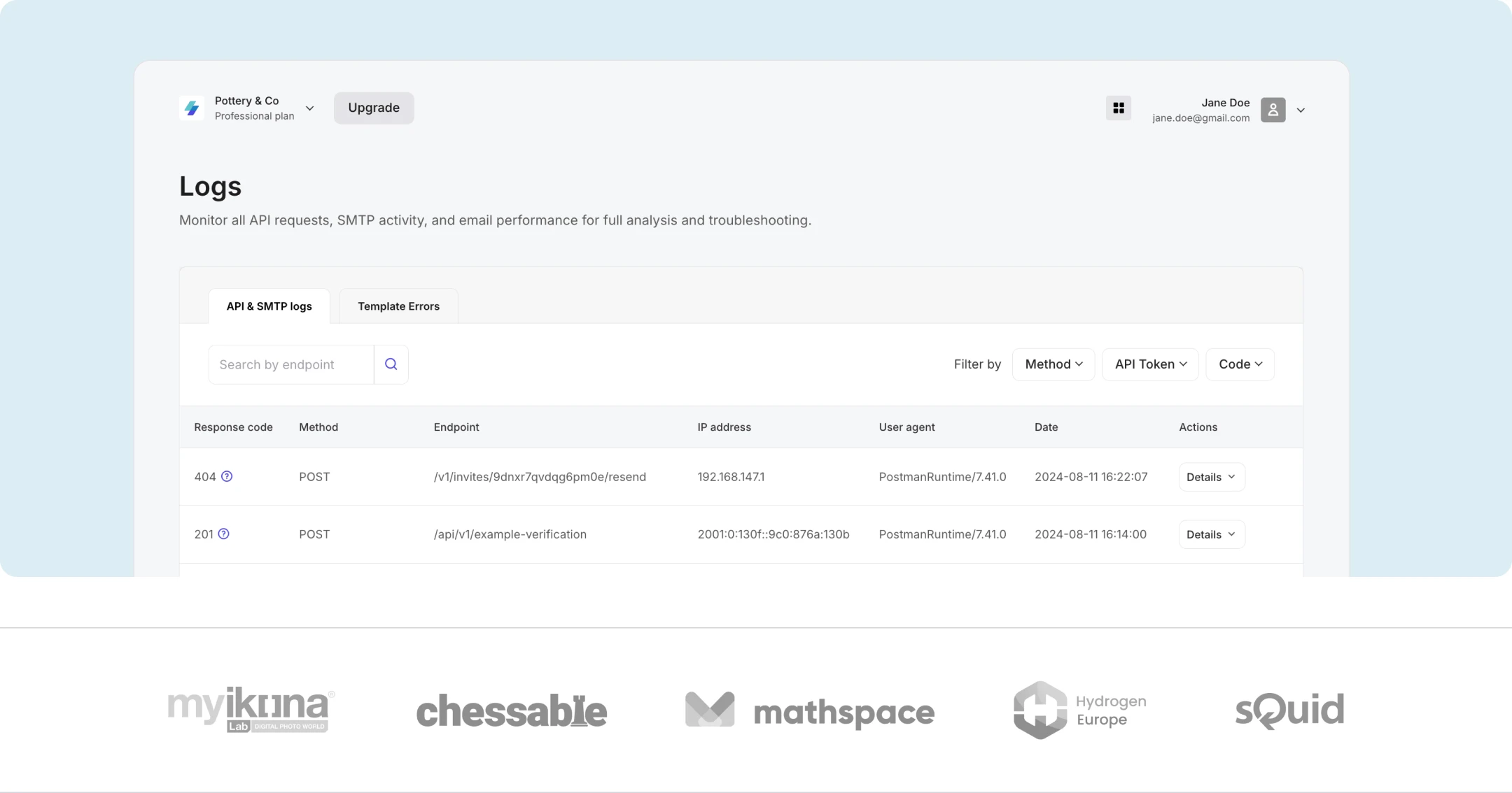 The MailerSend activity logs and logos of clients.