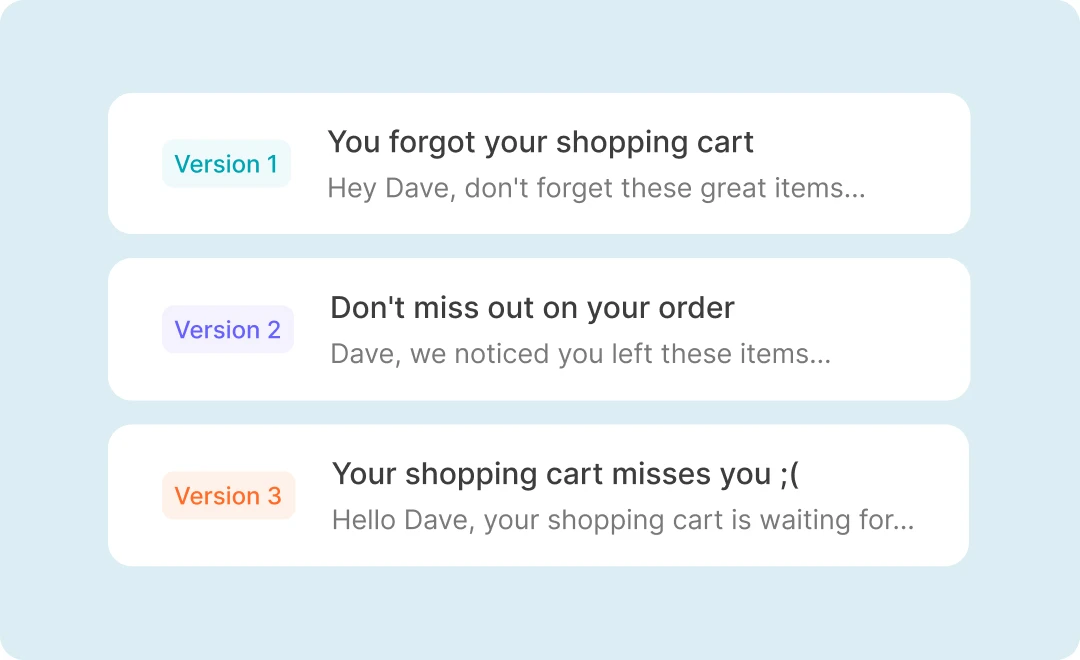An example of a test with three versions of an email.
