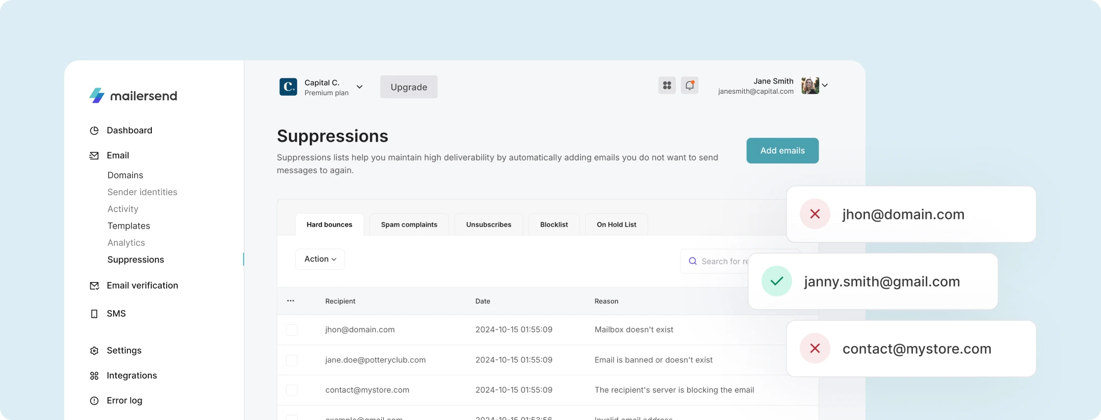 The MailerSend suppressions page.