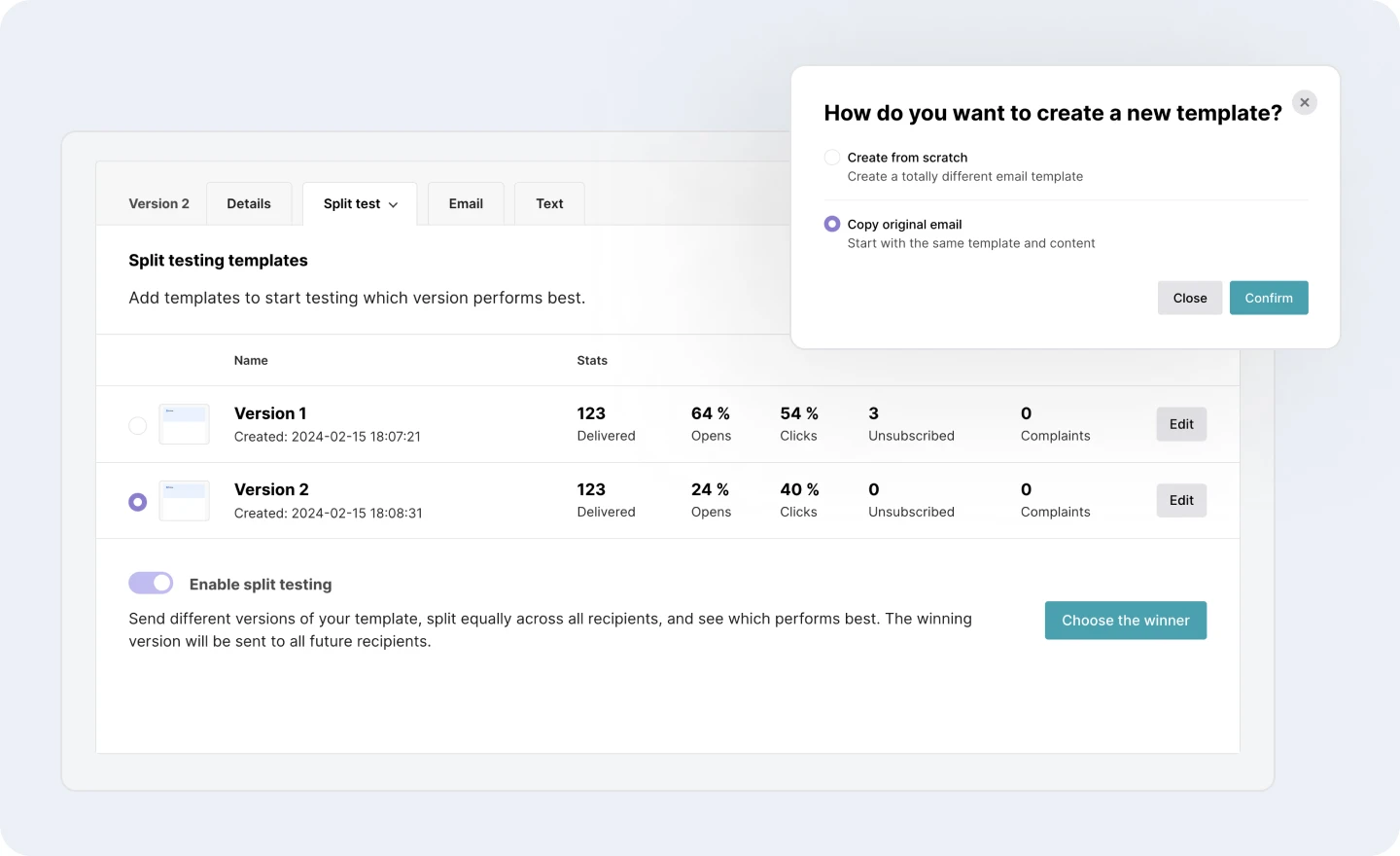 The MailerSend split testing feature.