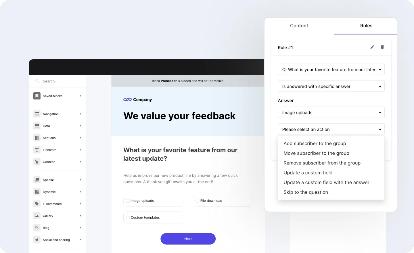The MailerSend drag and drop builder with survey options.