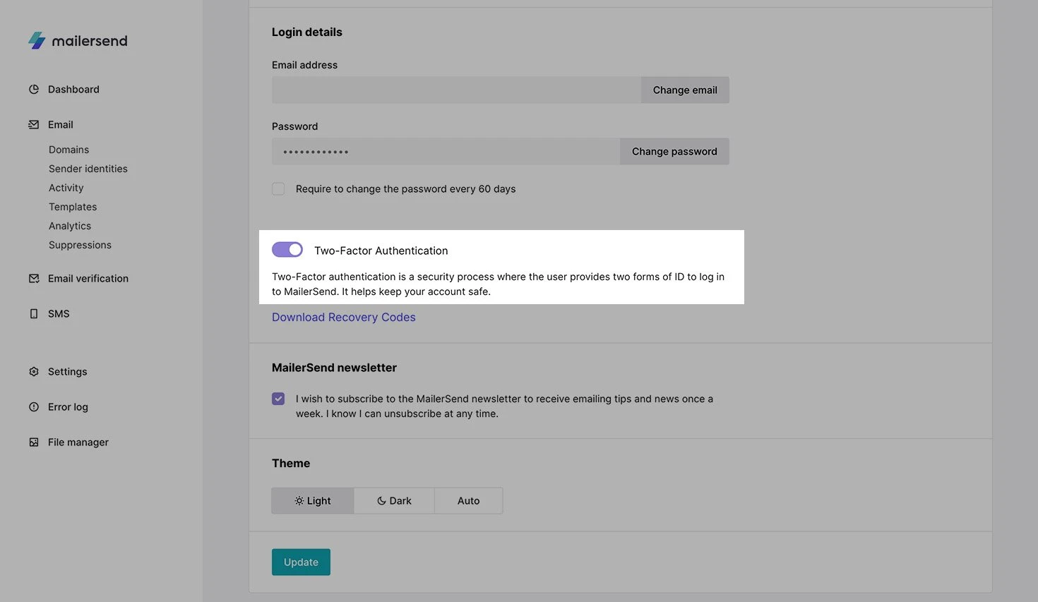 Two-factor authentication toggle