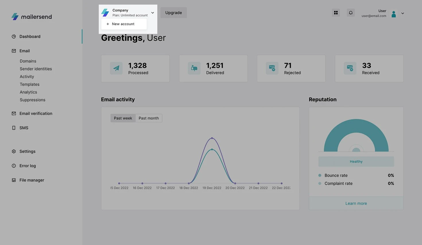 Screenshot showing account menu and new account navigation.