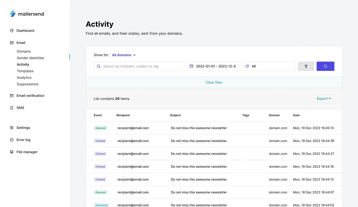 View of the MailerSend activity page display emails sent.