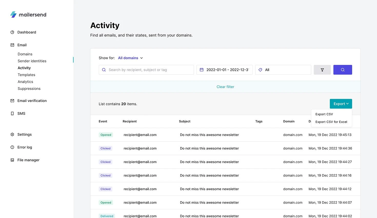 How to export a list of activities.