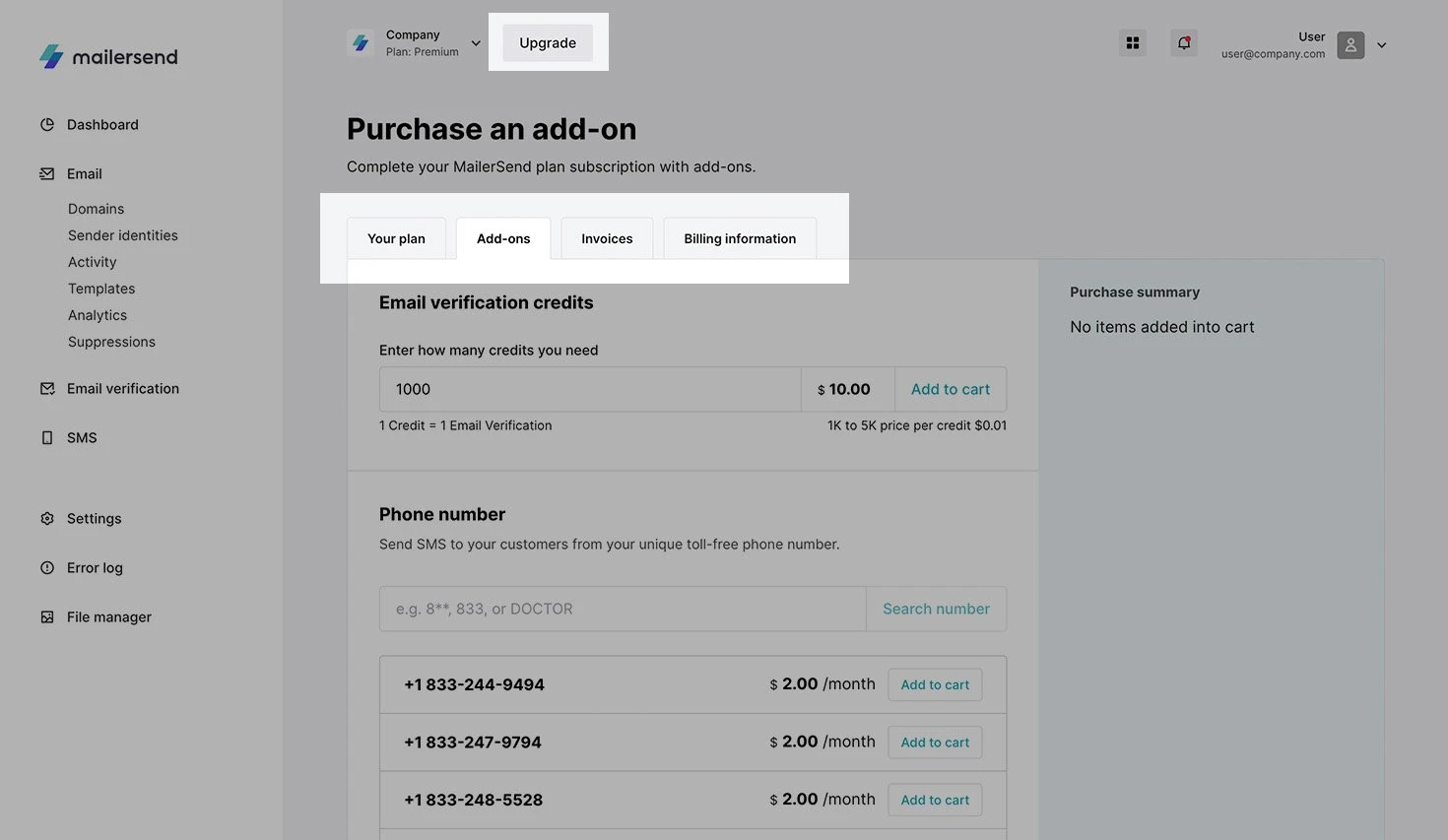 Plan and Billing, Add-ons tab