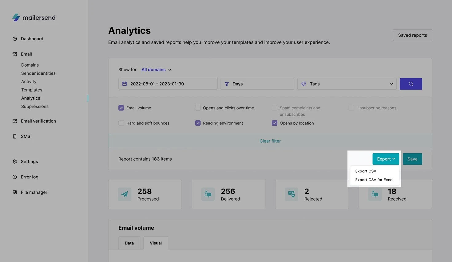 How to export an analytics report in MailerSend.