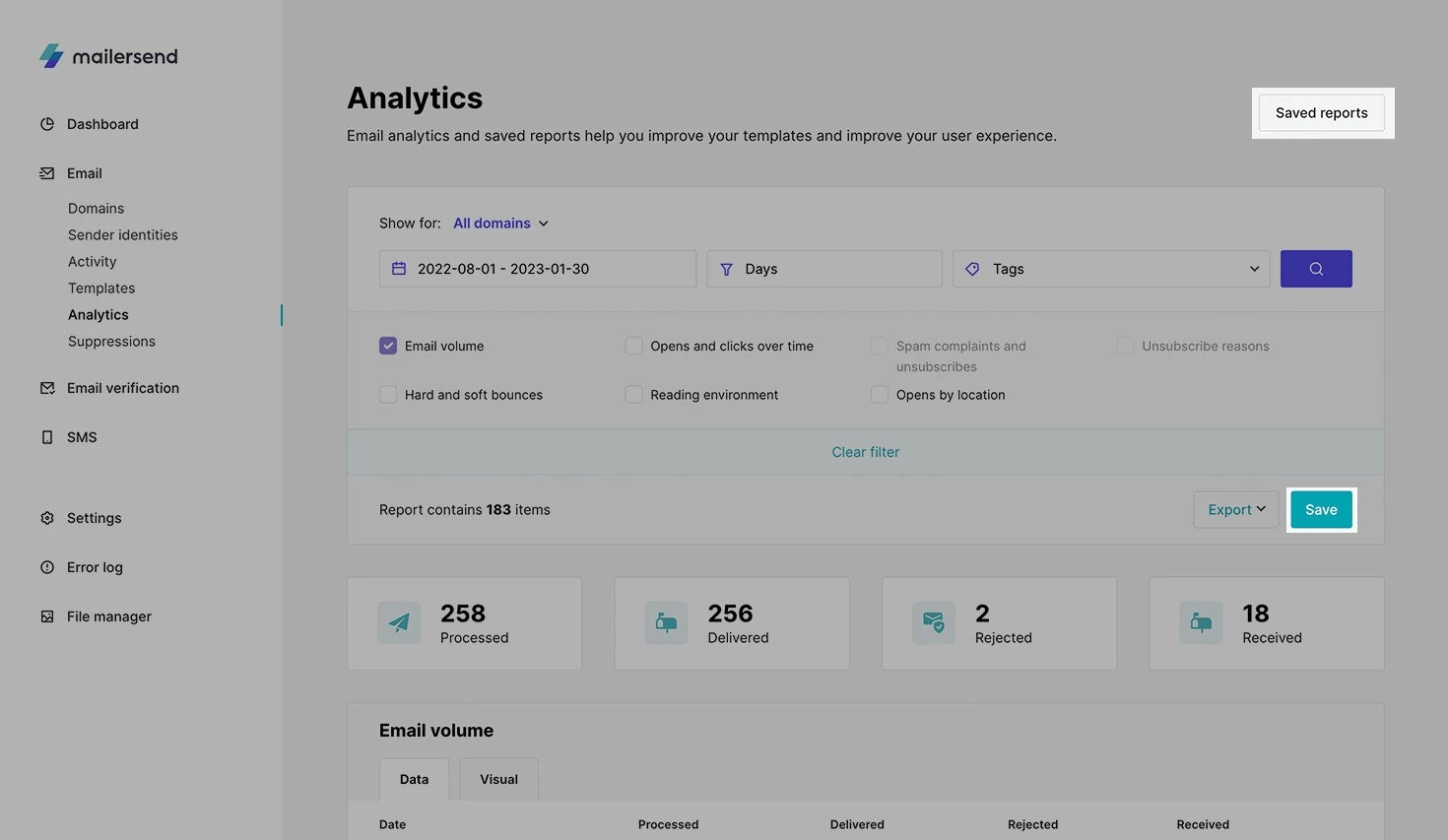 Save report button in MailerSend analytics.