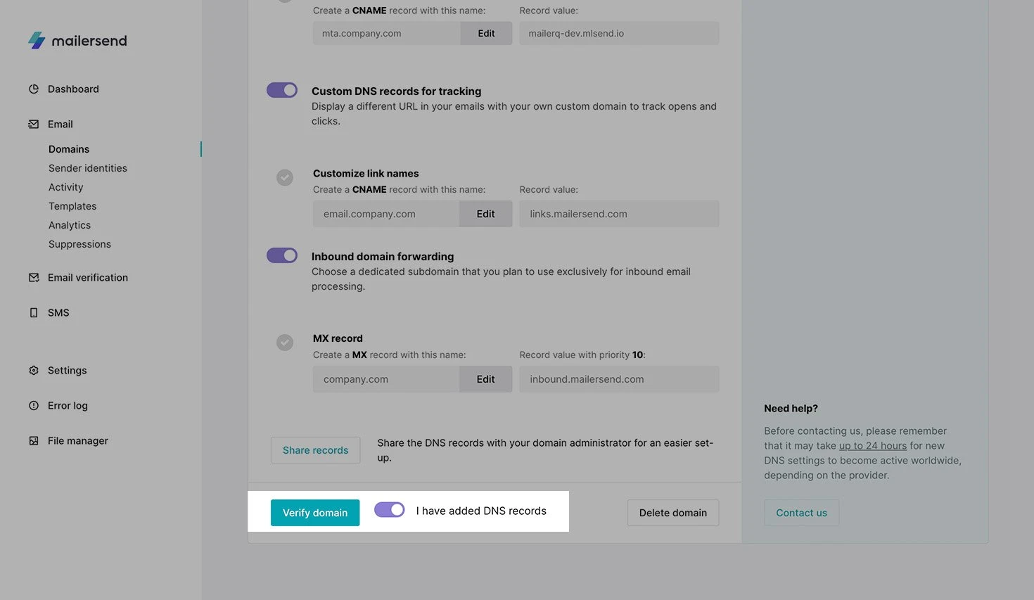 Complete the domain verification in MailerSend