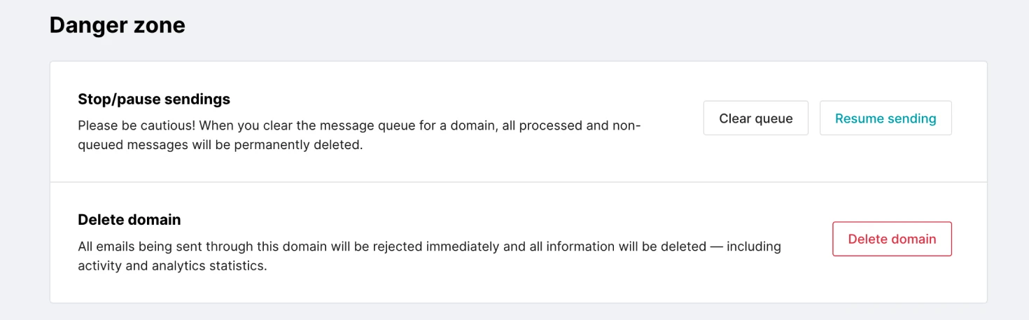 Screenshot showing the domains danger zone in MailerSend. 