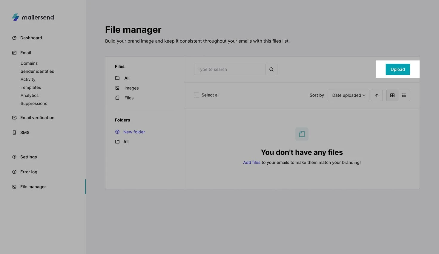 View of the file manager with the Upload button highlighted.