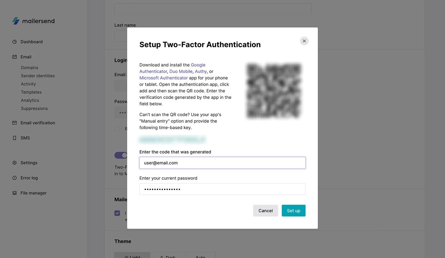 QR code for two factor authentication