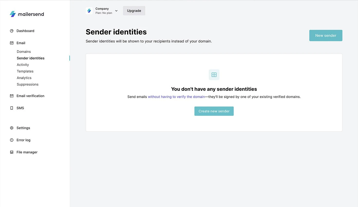 View of the sender identities page