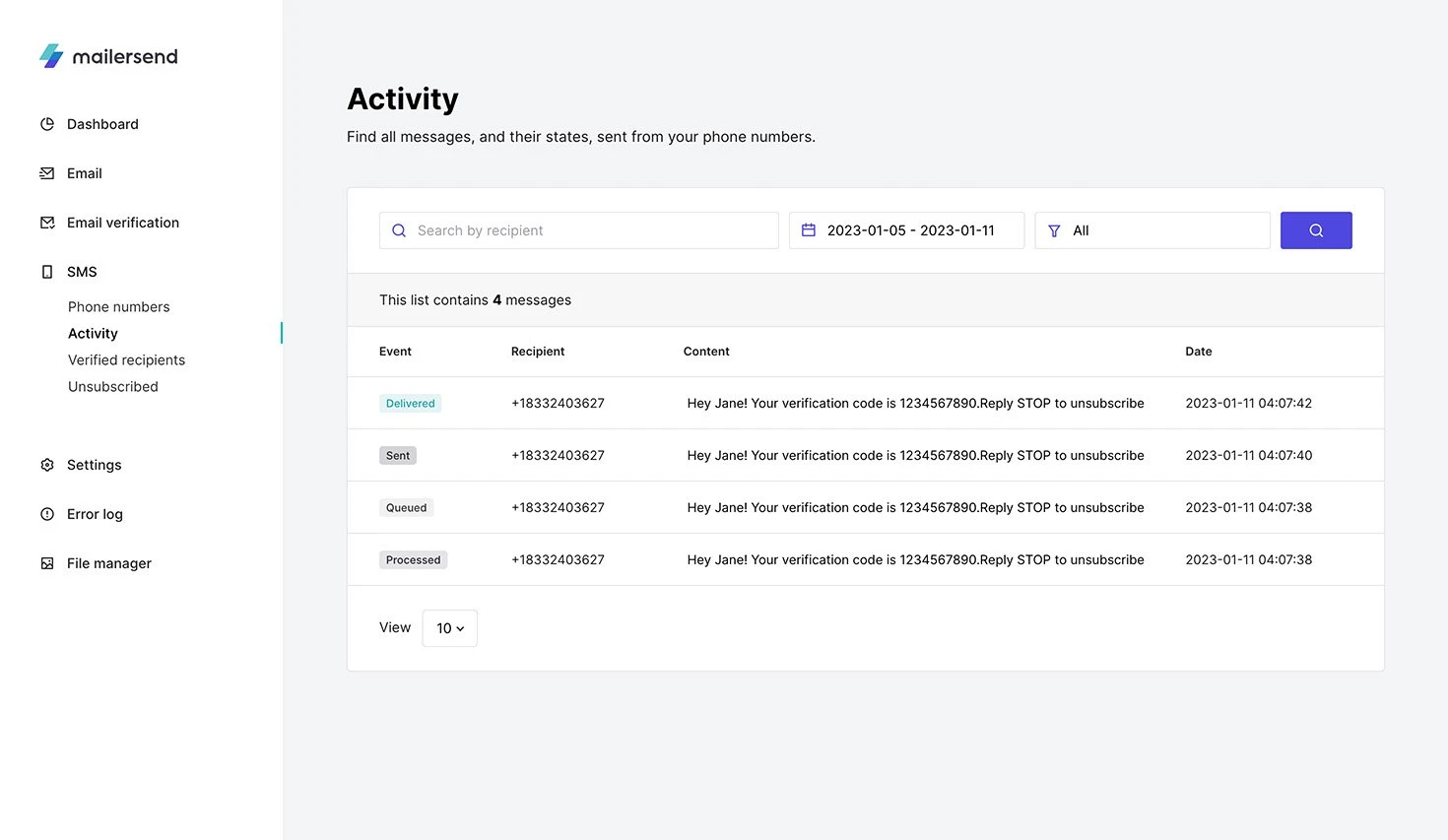 A view of the SMS activity page in MailerSend.
