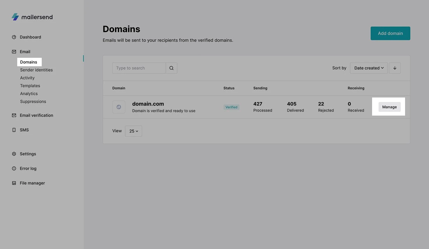 Domains page in MailerSend.