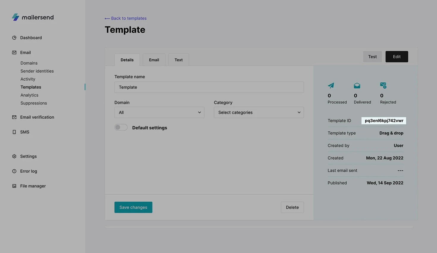 A screenshot of the template page with the template ID highlighted.