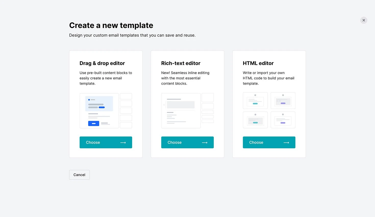 Select between the drag & drop, rich-textor custom HTML editors