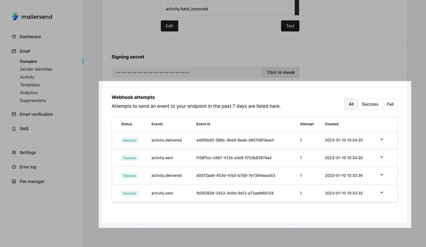 Webhook attempts log