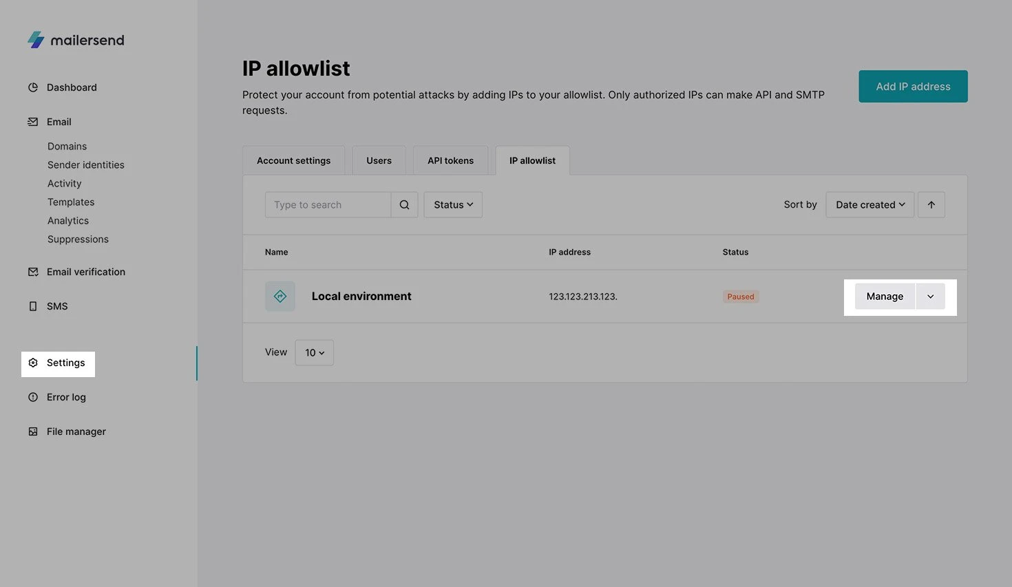 A view of the IP allowlist page with the Manage button highlighted.