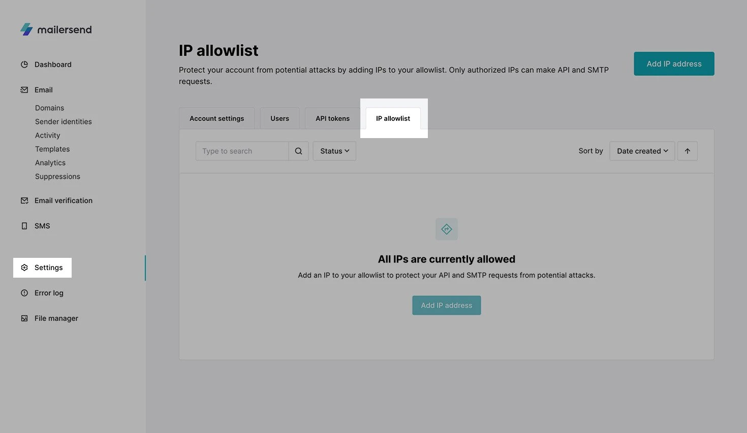 A screenshot of the MailerSend dashboard with the IP allowlist feature highlighted in the left-hand menu.