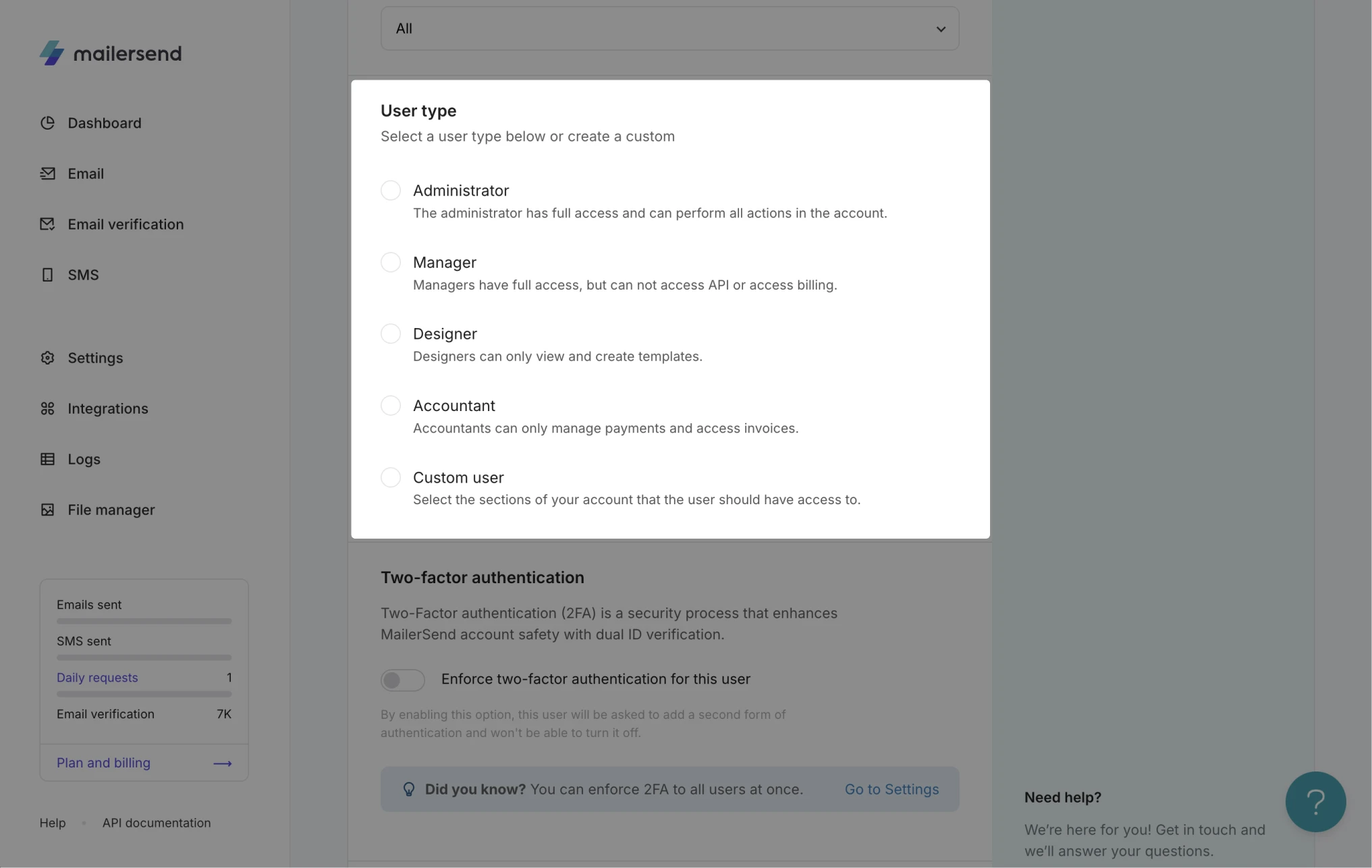 Screenshot highlighting the various user types available.