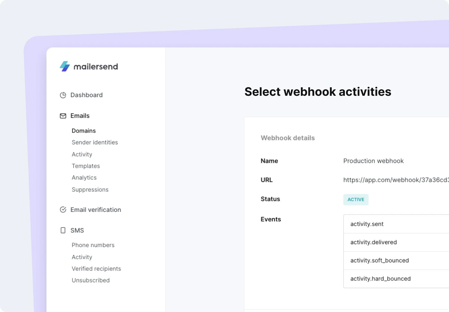 Select webhook activities in MailerSend