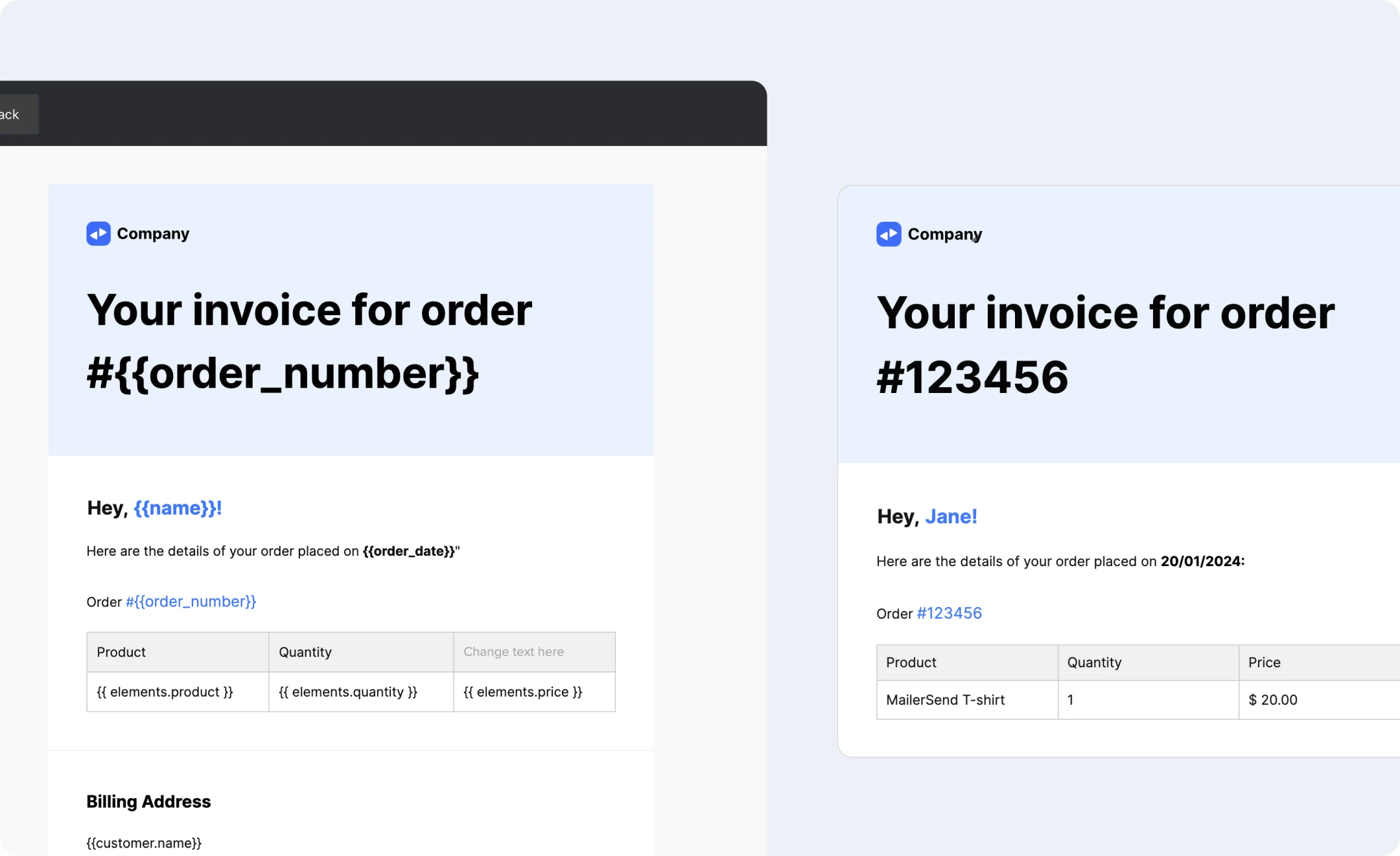 An example of an invoice email template.