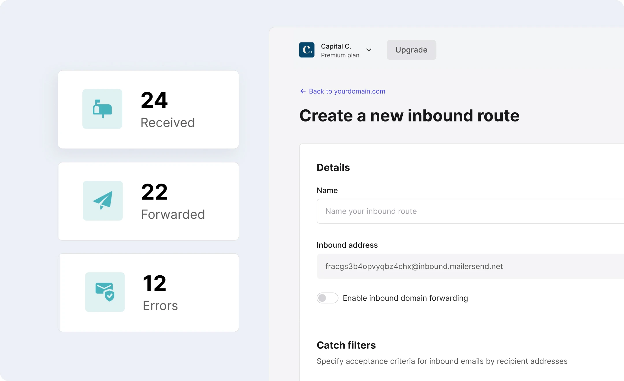 The MailerSend inbound routing feature.