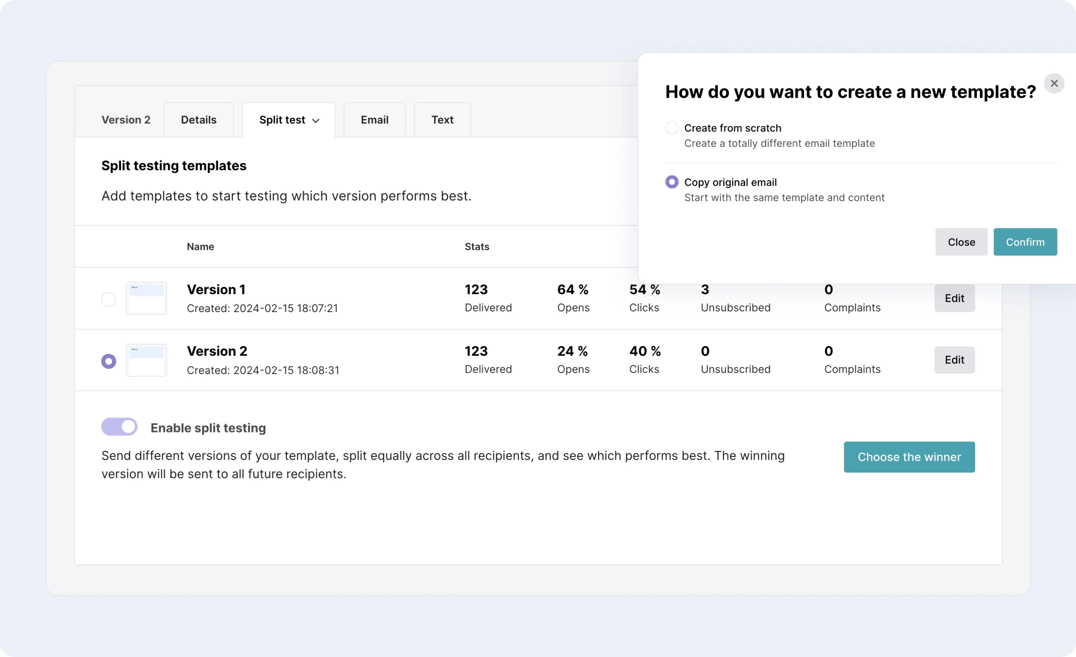 The MailerSend split testing feature.