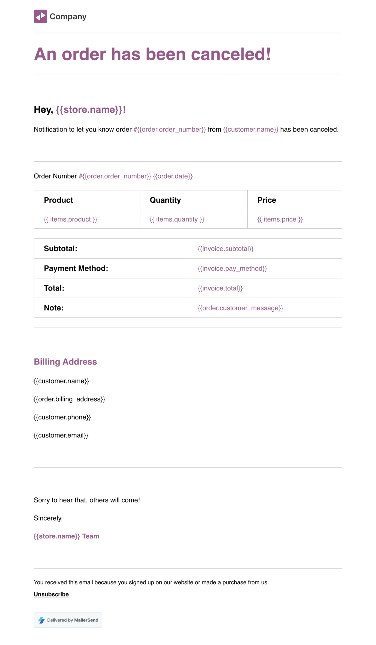Canceled order rich text