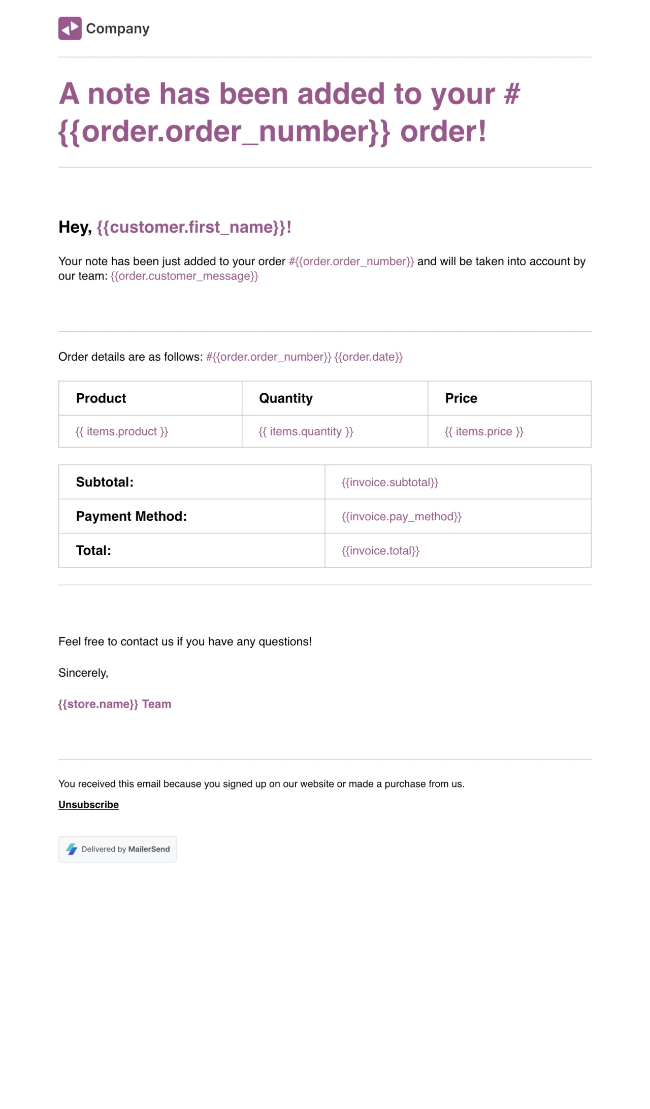 Customer note rich text
