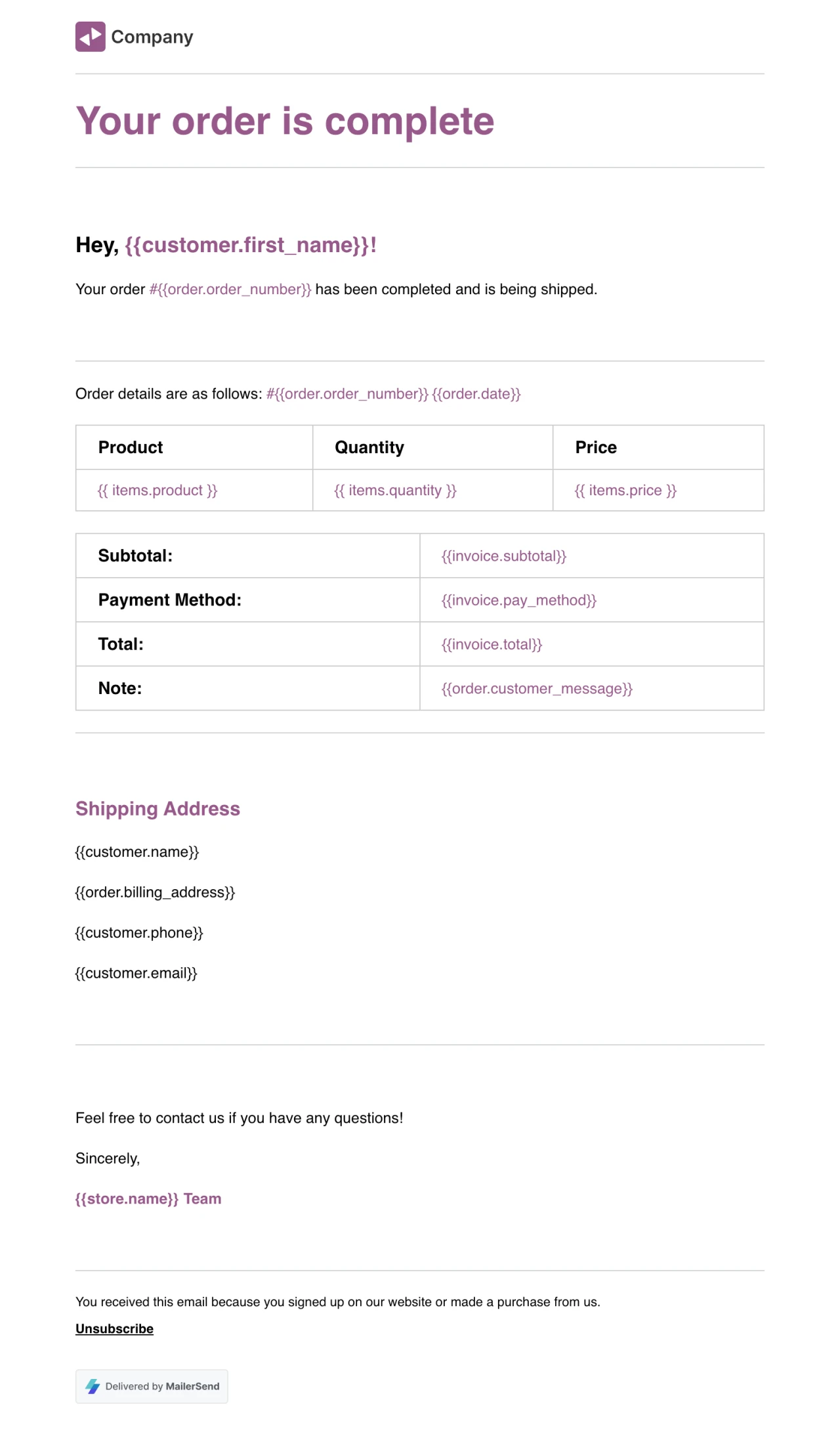 Order completed rich text