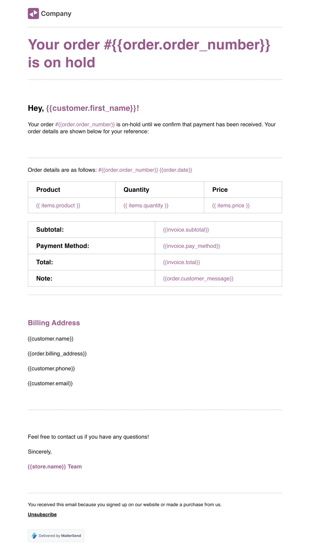 Order on hold rich text