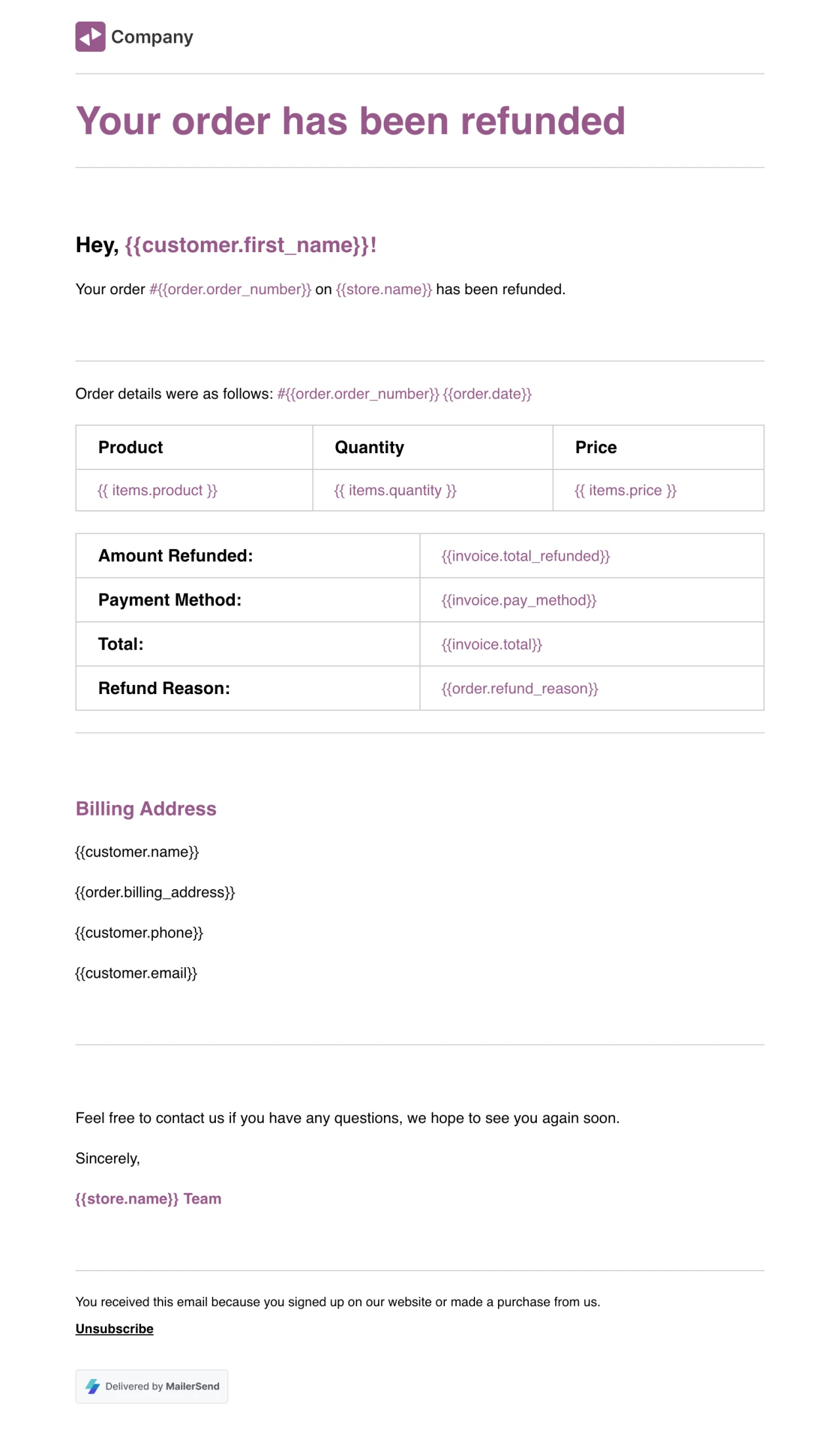 Order refunded rich text