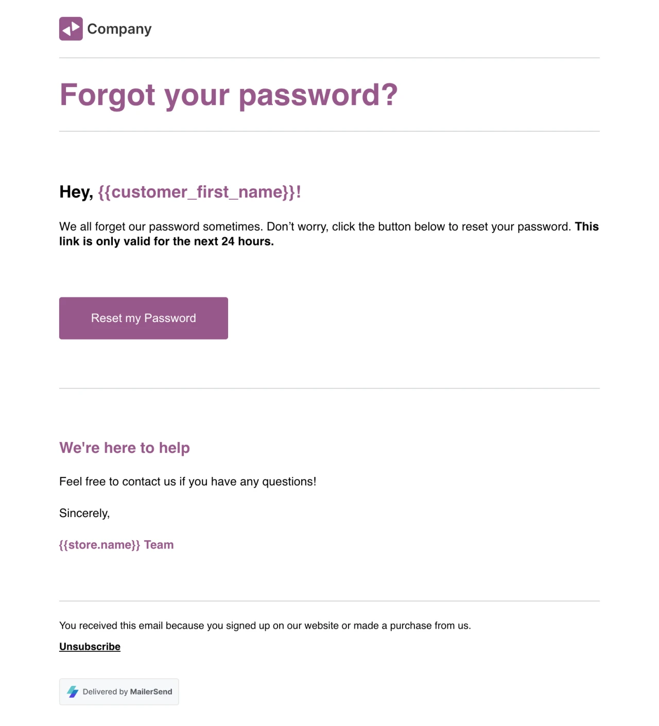 Password reset rich text